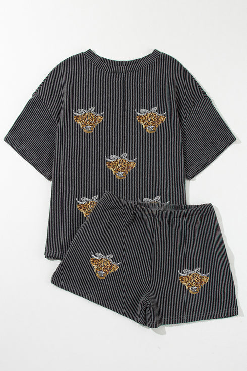 Relaxed Fit Striped Knit Sequin Animal Patch Two Piece Lounge Set